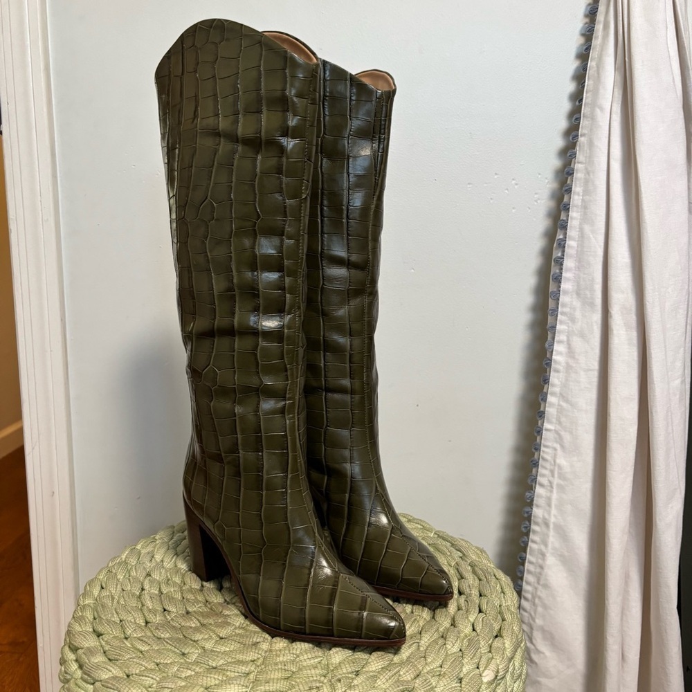 NEW Schutz Maryana Dark Green Leather Croc Block Knee High Boots Size 5.5 - Picture 5 of 12